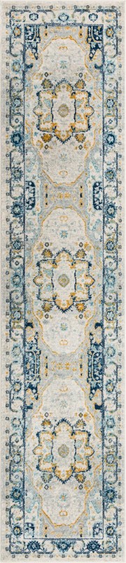3' x 13' Pierce · Medallion rug, gray, blue and yellow