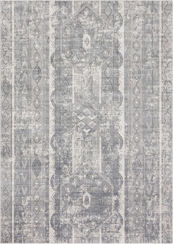 7' x 10' Grouse · Geometric tribal rug, gray and ivory
