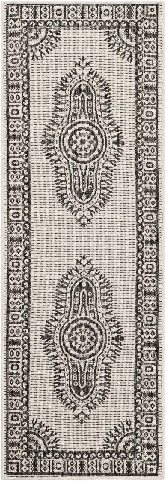 2' x 6' Bainbridge · Border Outdoor Rug, white and black