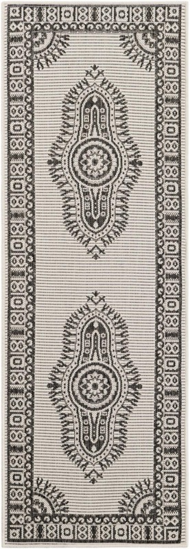 2' x 6' Bainbridge · Border Outdoor Rug, white and black