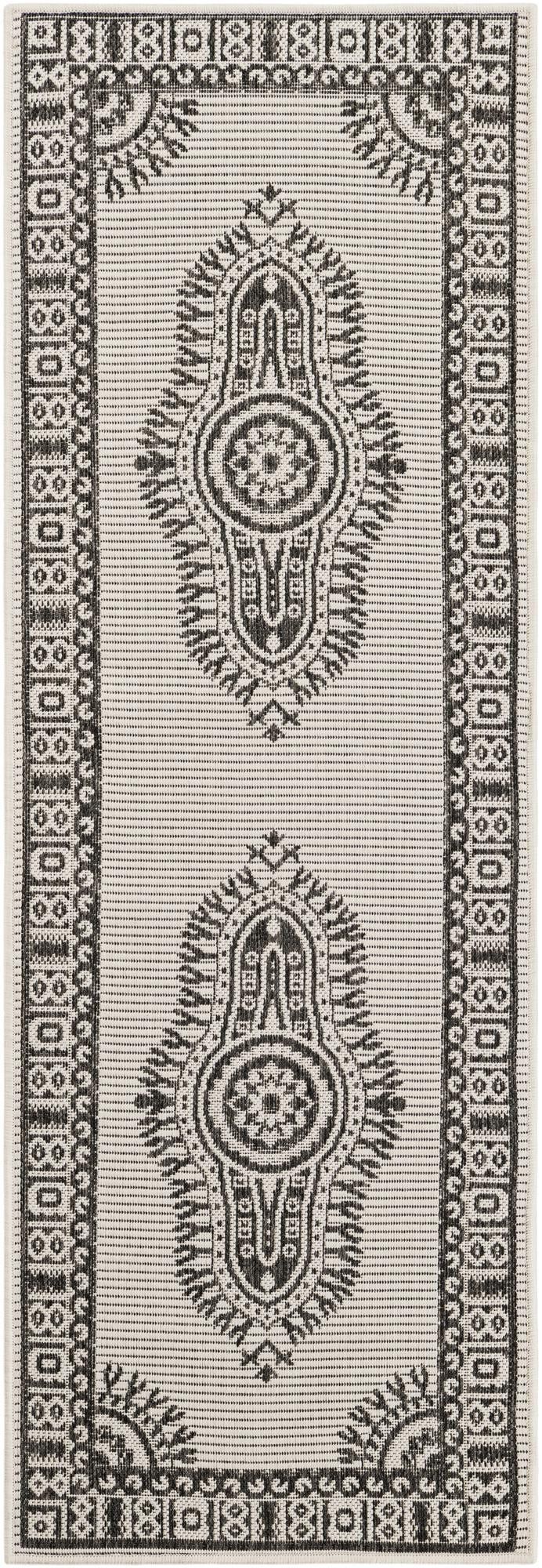 2' x 6' Bainbridge · Border Outdoor Rug, white and black