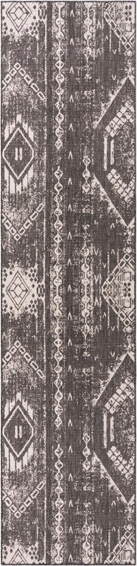 3' 3 x 14' Wildman · Tribal geometric Outdoor Rug, charcoal and ivory