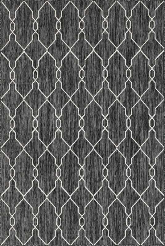 6' x 9' Bronson · Geometric lattice Outdoor Rug, charcoal and ivory