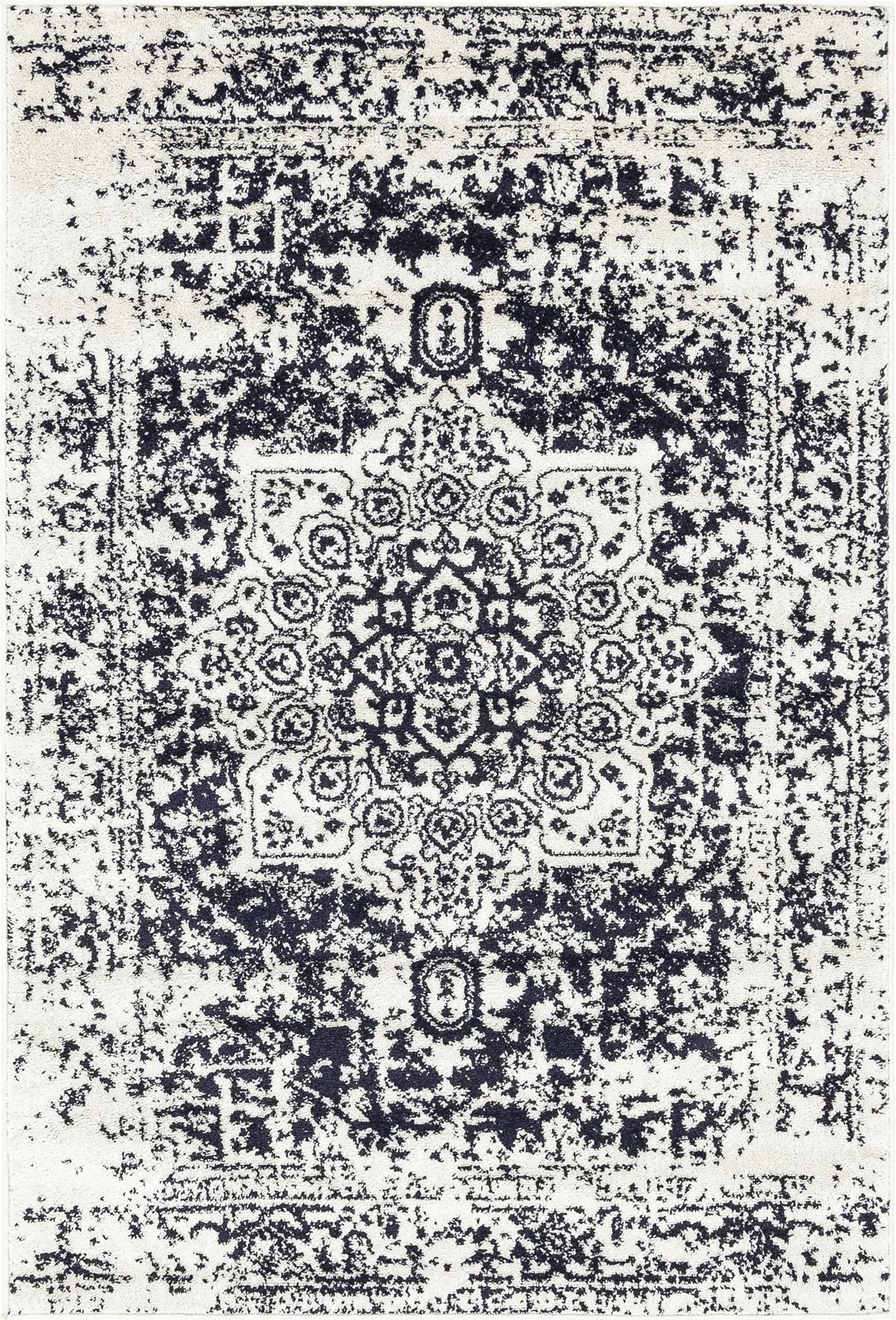 4' x 6' Birch · Distressed medallion rug, blue and ivory