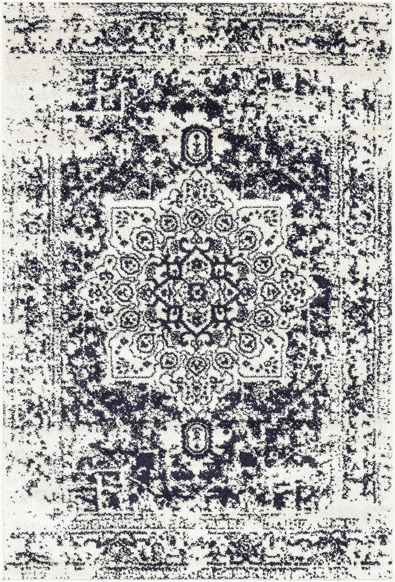 4' x 6' Birch · Distressed medallion rug, blue and ivory