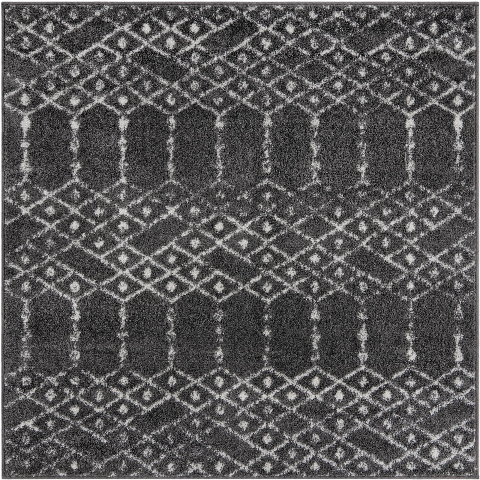 4' x 4' Newcomb · Geometric lattice rug, charcoal and ivory