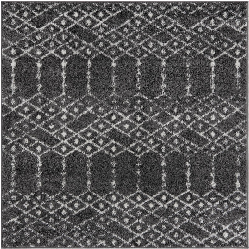 4' x 4' Newcomb · Geometric lattice rug, charcoal and ivory