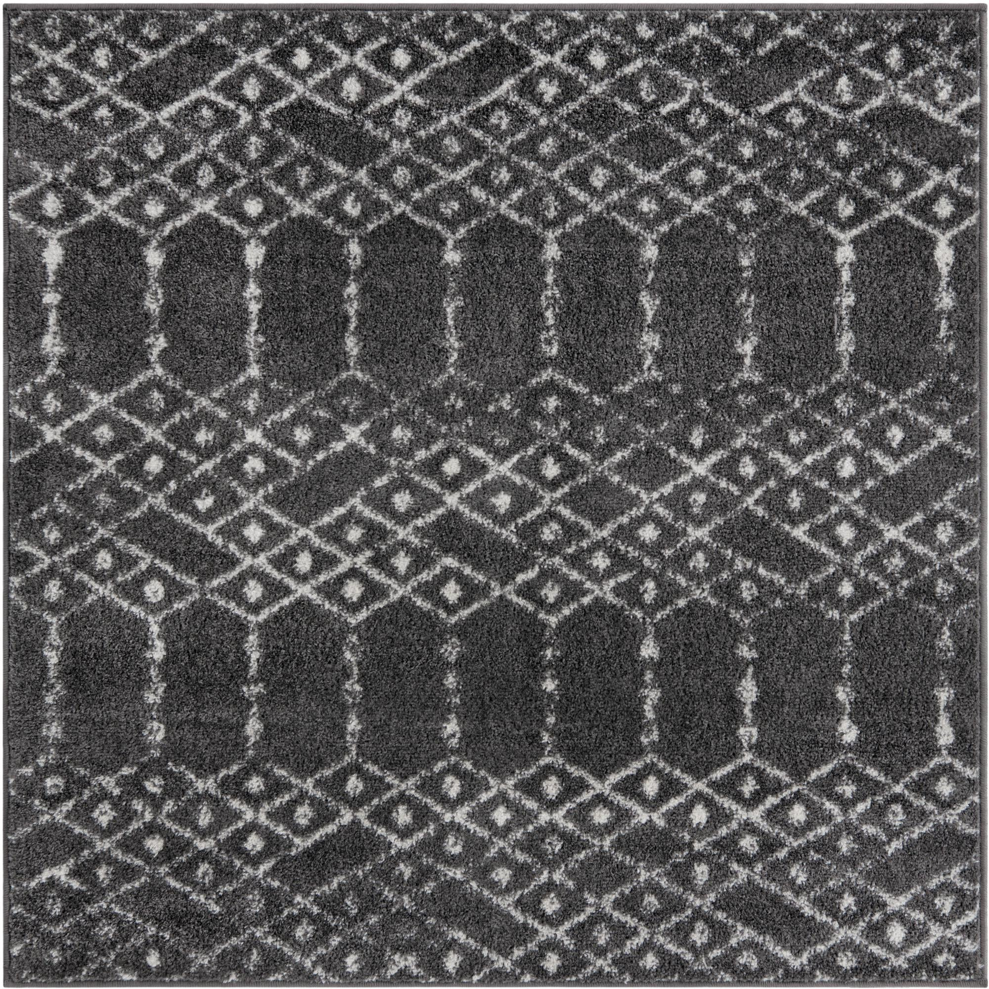 4' x 4' Newcomb · Geometric lattice rug, charcoal and ivory