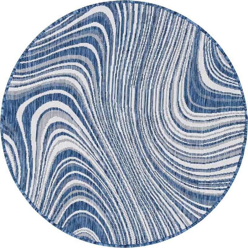 Lander · Abstract wave Outdoor Rug, blue and ivory