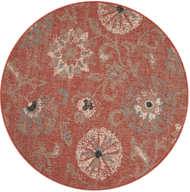 4' x 4' Lofton · Floral Outdoor Rug, terracotta and blue