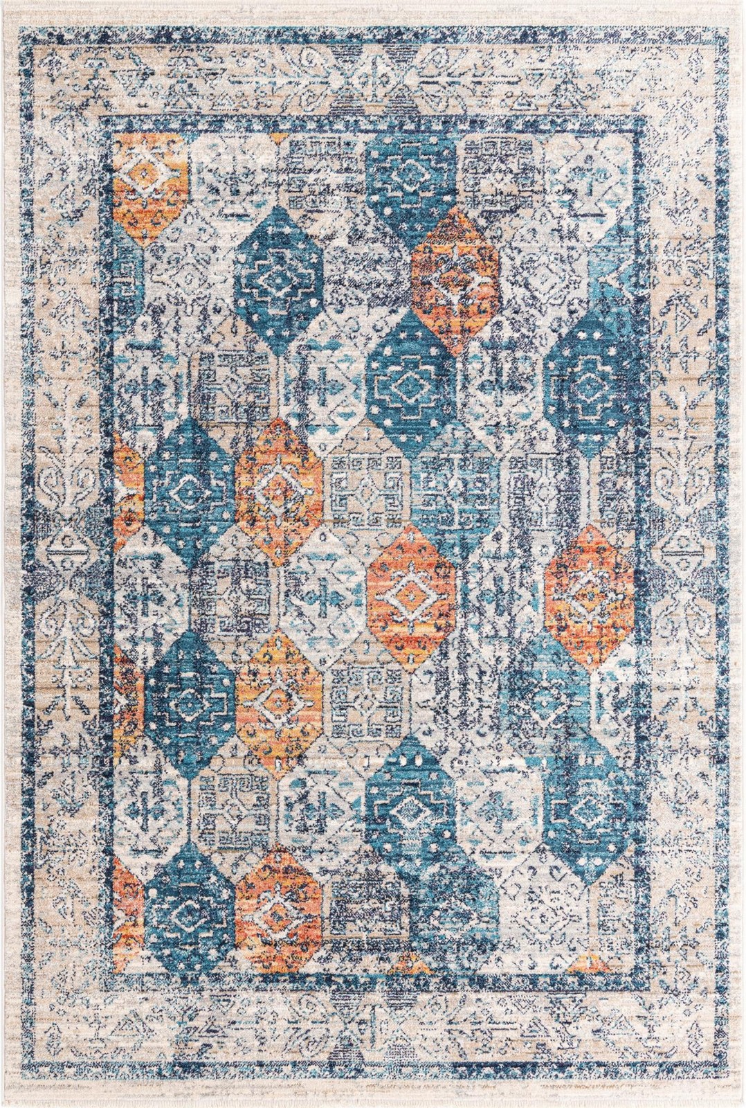 5' 3 x 8' Keane · Diamond rug, blue and rust