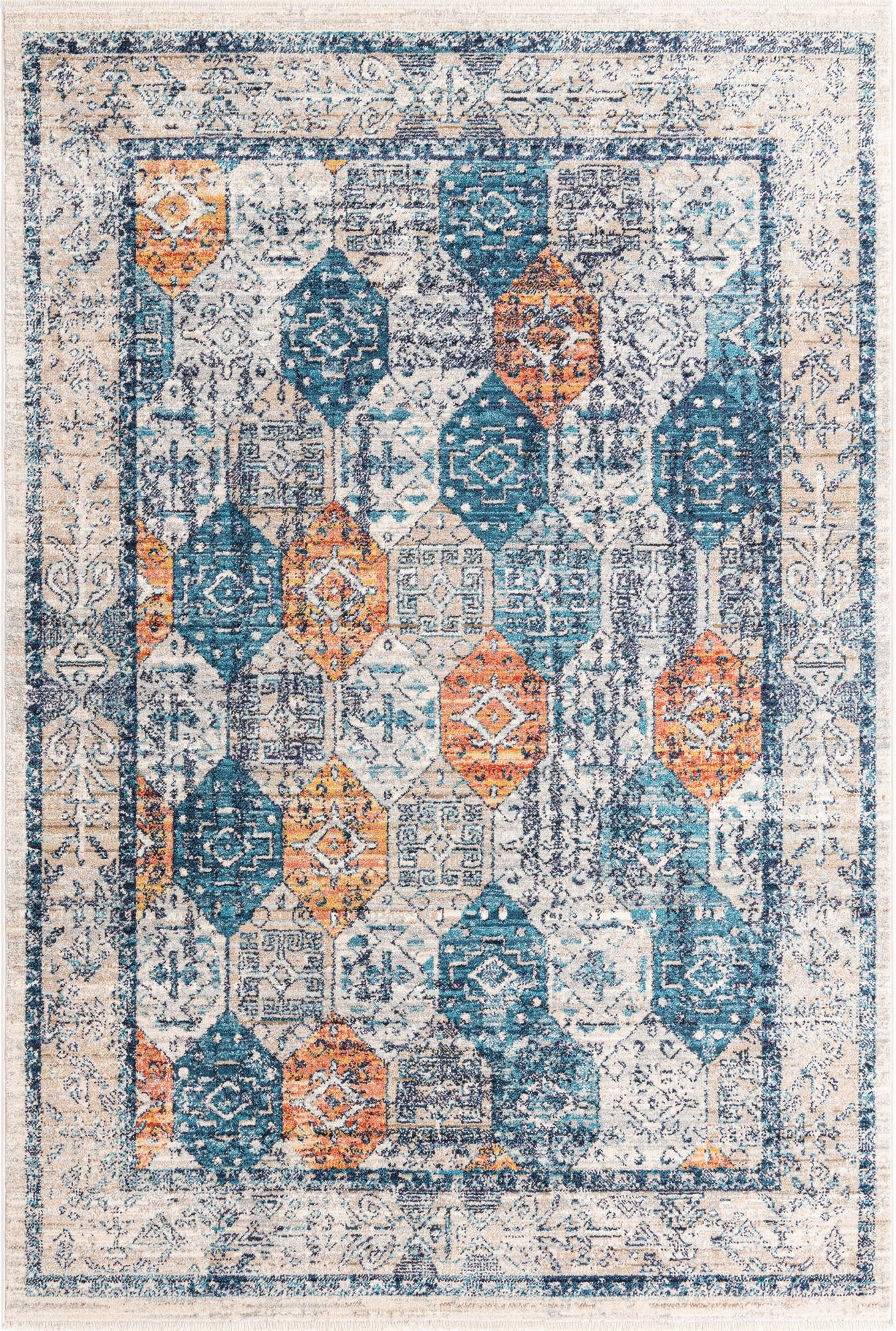 5' 3 x 8' Keane · Diamond rug, blue and rust