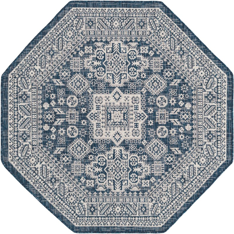 5' 3 x 5' 3 Bellamy · Geometric medallion Outdoor Rug, blue and ivory