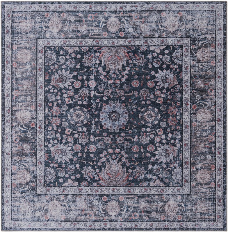 Bertie · Distressed floral Washable Rug, ink and ivory