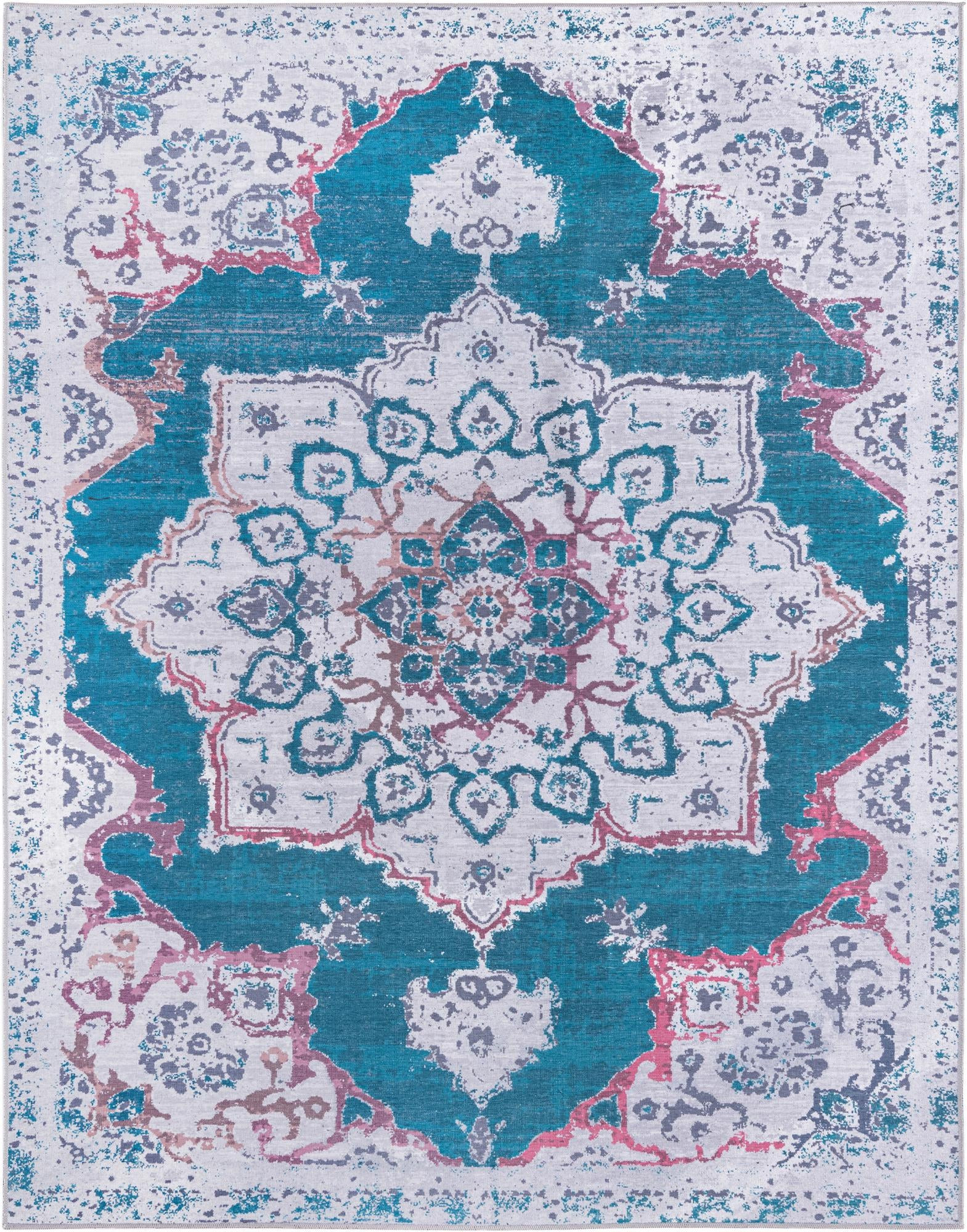 10' 6 x 13' Rideout · Medallion Washable Rug, teal and gray
