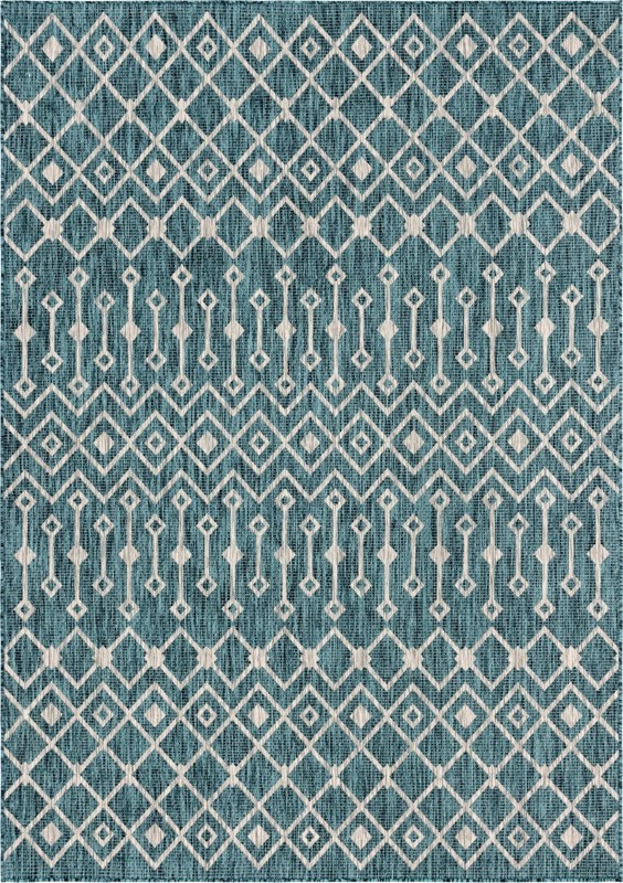 7' x 10' Kearney · Geometric trellis Outdoor Rug, teal and ivory