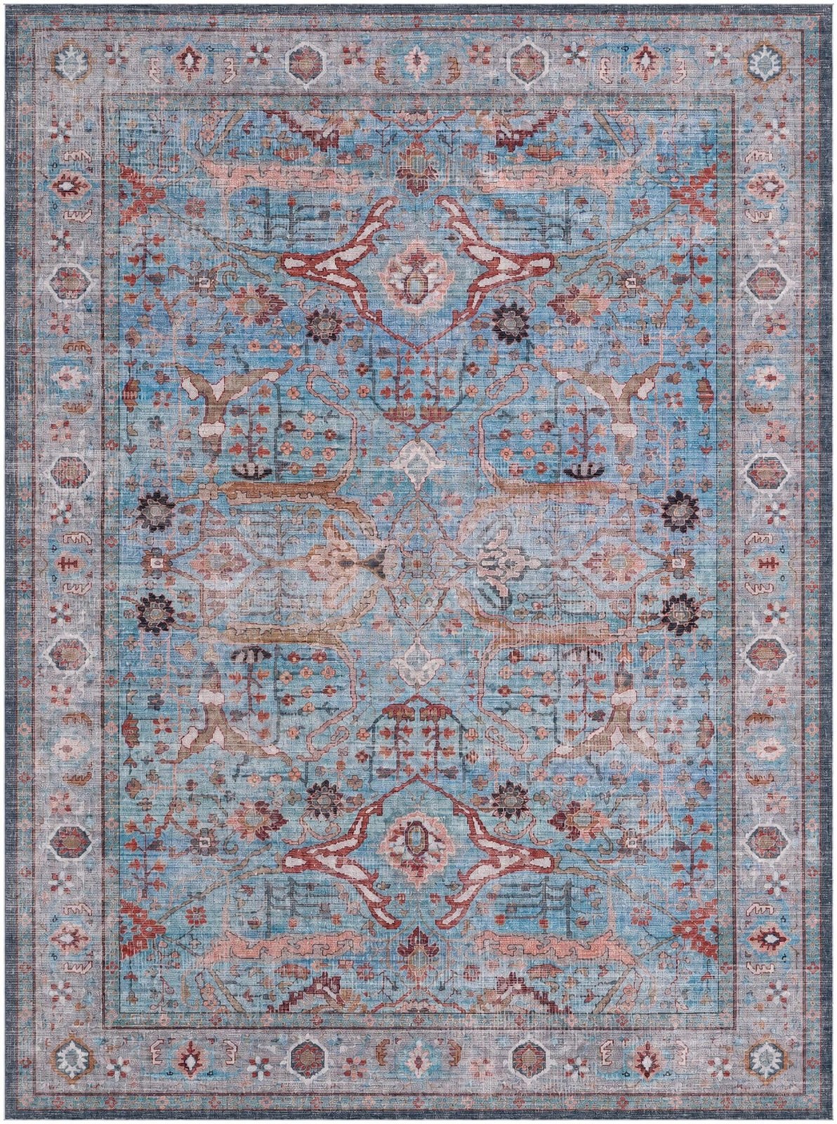 10' 6 x 14' Mayfield · Distressed floral rug, blue and rust