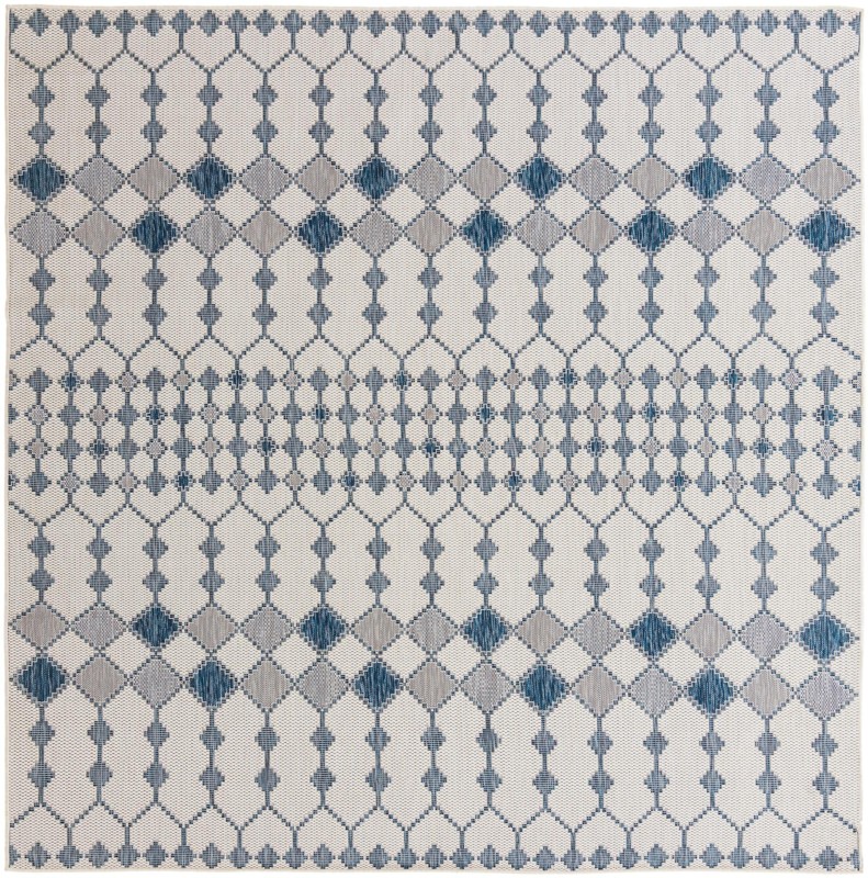 Ramsden · Geometric lattice Outdoor Rug, blue and ivory