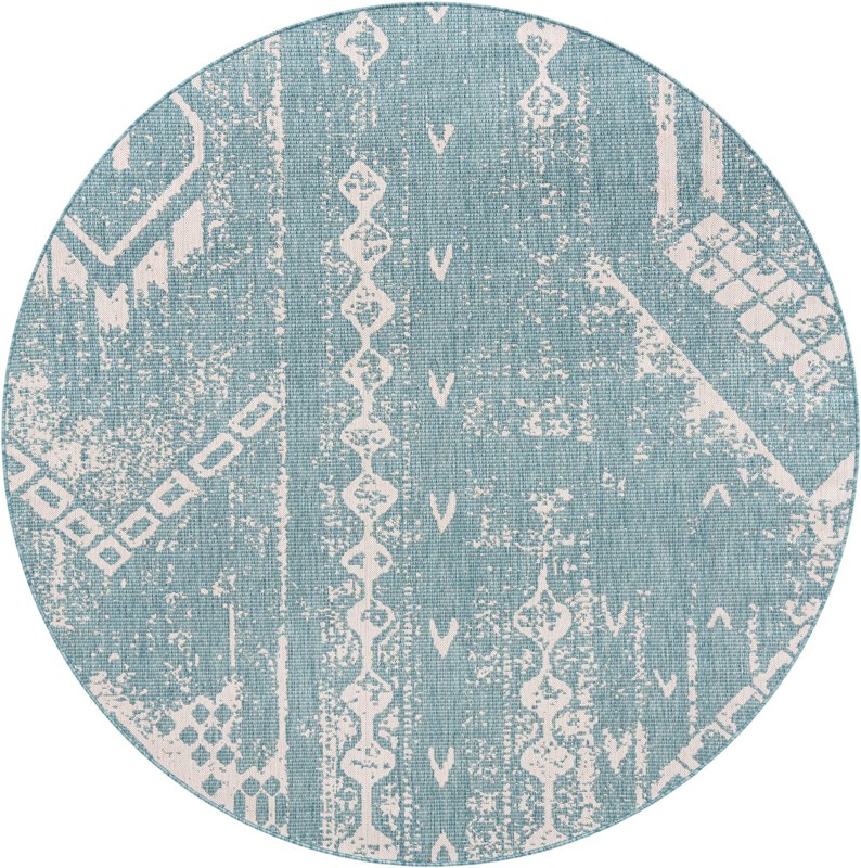 7' 10 x 7' 10 Wildman · Tribal geometric Outdoor Rug, aqua and ivory