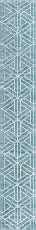 2' 7 x 16' 5 Norwood · Geometric trellis rug, blue and ivory