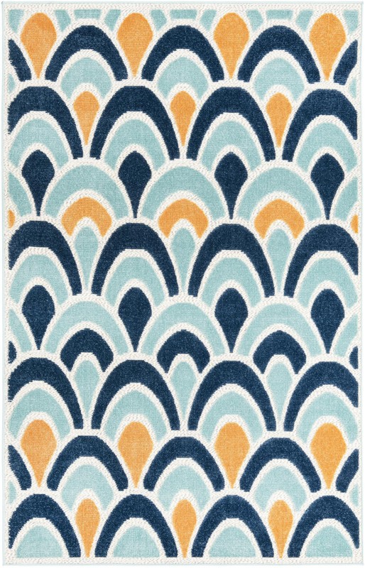 5' 3 x 8' Skelton · Scallop geometric Outdoor Rug, blue and orange
