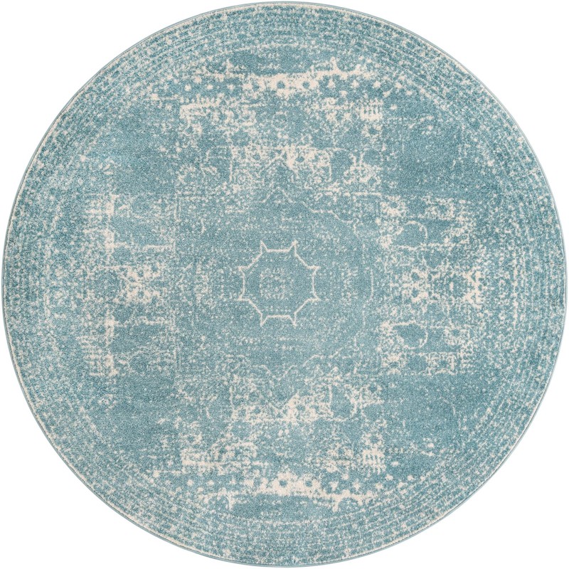 7' 10 x 7' 10 Benedict · Distressed medallion rug, aqua and ivory