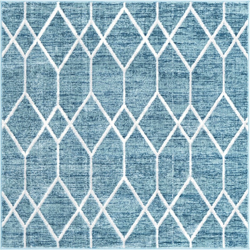 Thatcher · Geometric trellis rug, blue and ivory