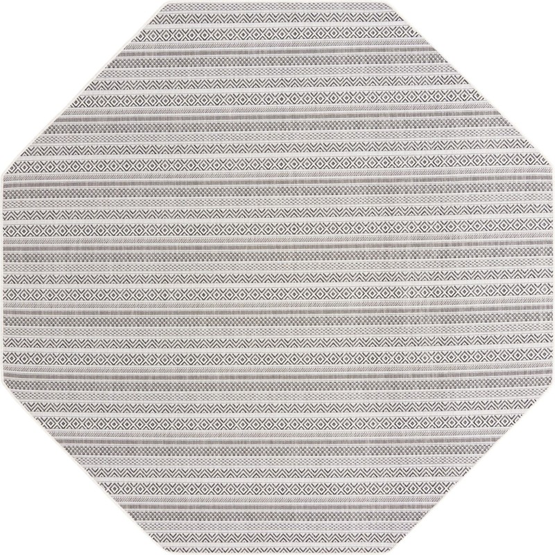 7' 10 x 7' 10 Merlin · Striped geometric Outdoor Rug, beige and black