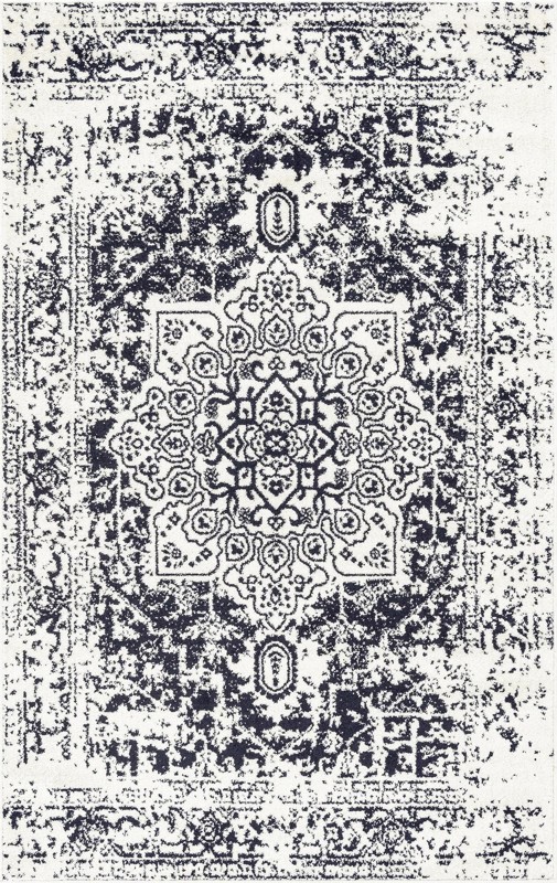 5' 3 x 8' Birch · Distressed medallion rug, blue and ivory