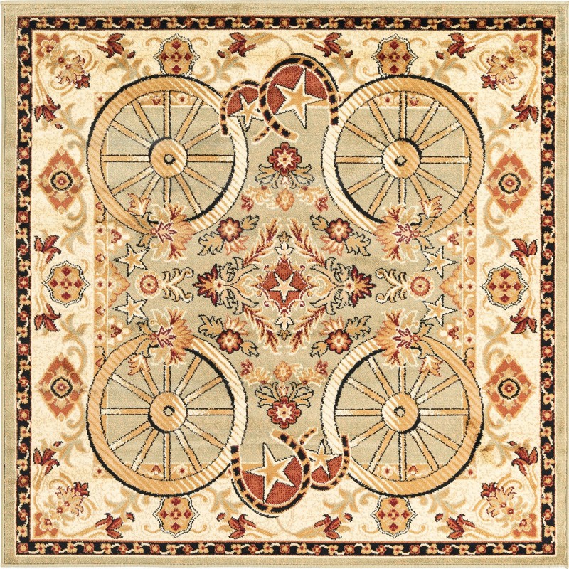5' 3 x 5' 3 Tabor · Western round rug, green and rust