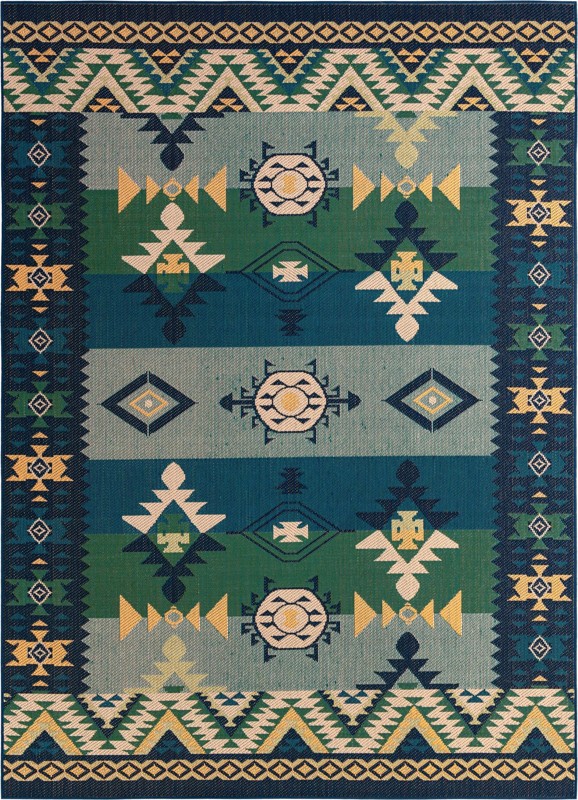 9' x 12' Wilcox · Border Outdoor Rug, blue and green