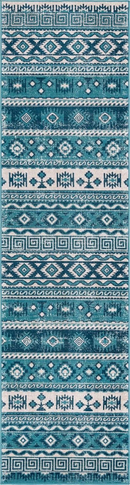 2' 7 x 10' Lloyd · Tribal striped rug, blue and ivory
