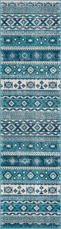 Lloyd · Tribal striped rug, blue and ivory