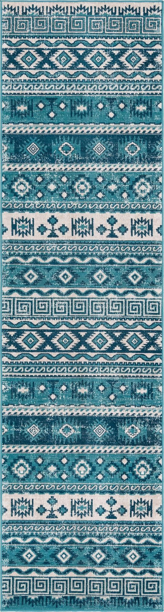 2' 7 x 10' Lloyd · Tribal striped rug, blue and ivory