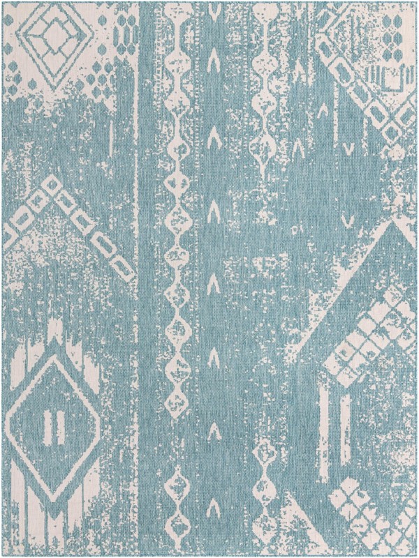9' x 12' Wildman · Tribal geometric Outdoor Rug, aqua and ivory