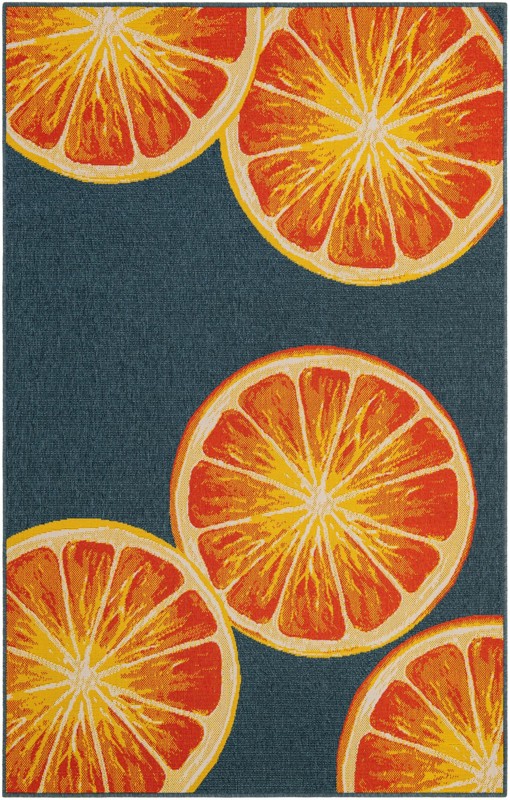 5' 3 x 8' Hurley · Citrus slice Outdoor Rug, navy and orange