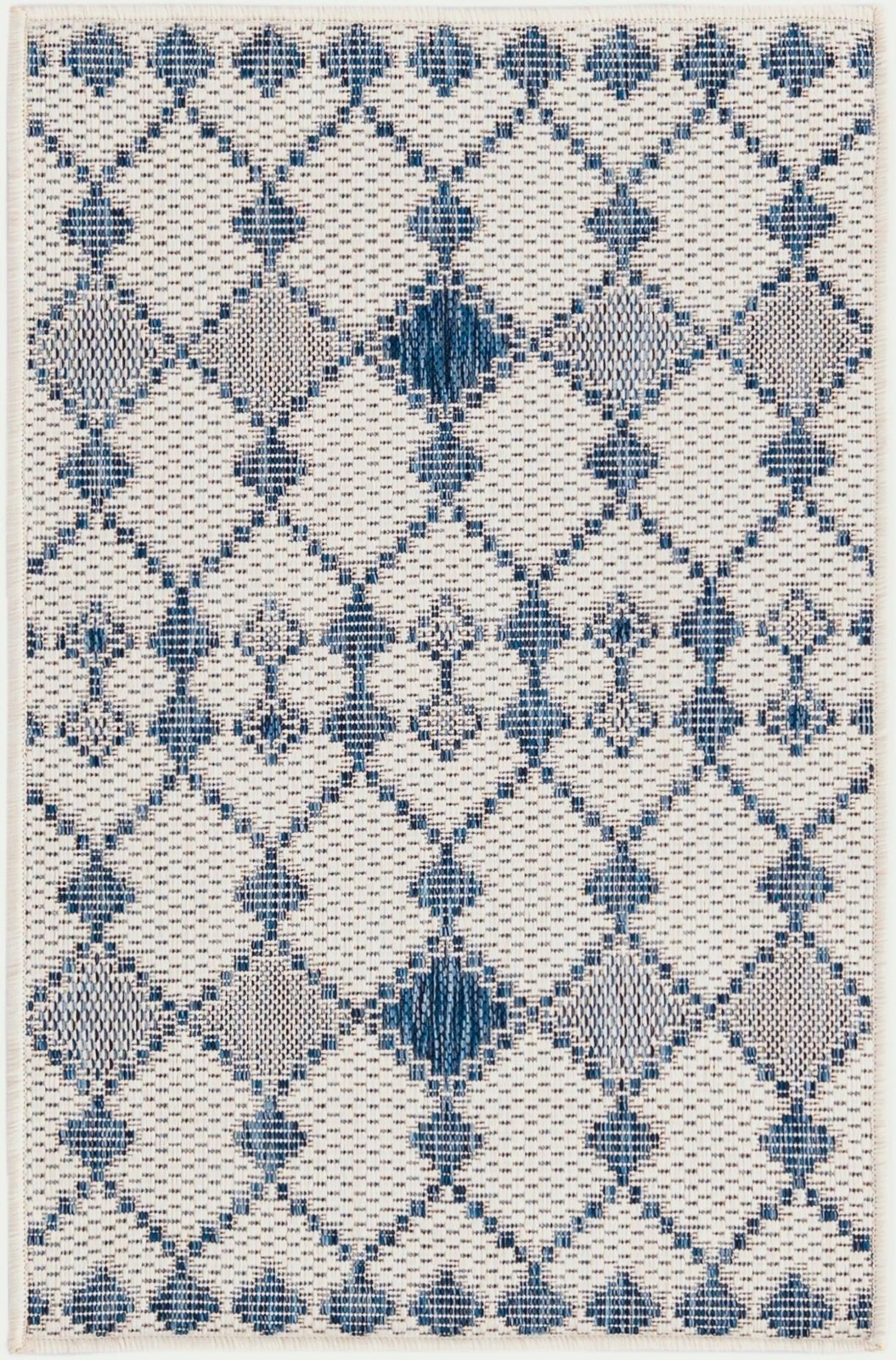 2' x 3' Ramsden · Geometric lattice Outdoor Rug, blue and ivory