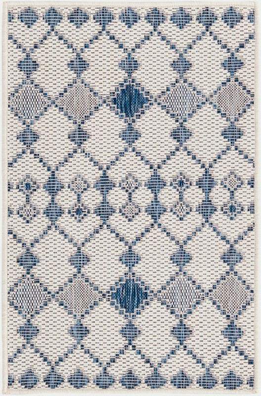 2' x 3' Ramsden · Geometric lattice Outdoor Rug, blue and ivory
