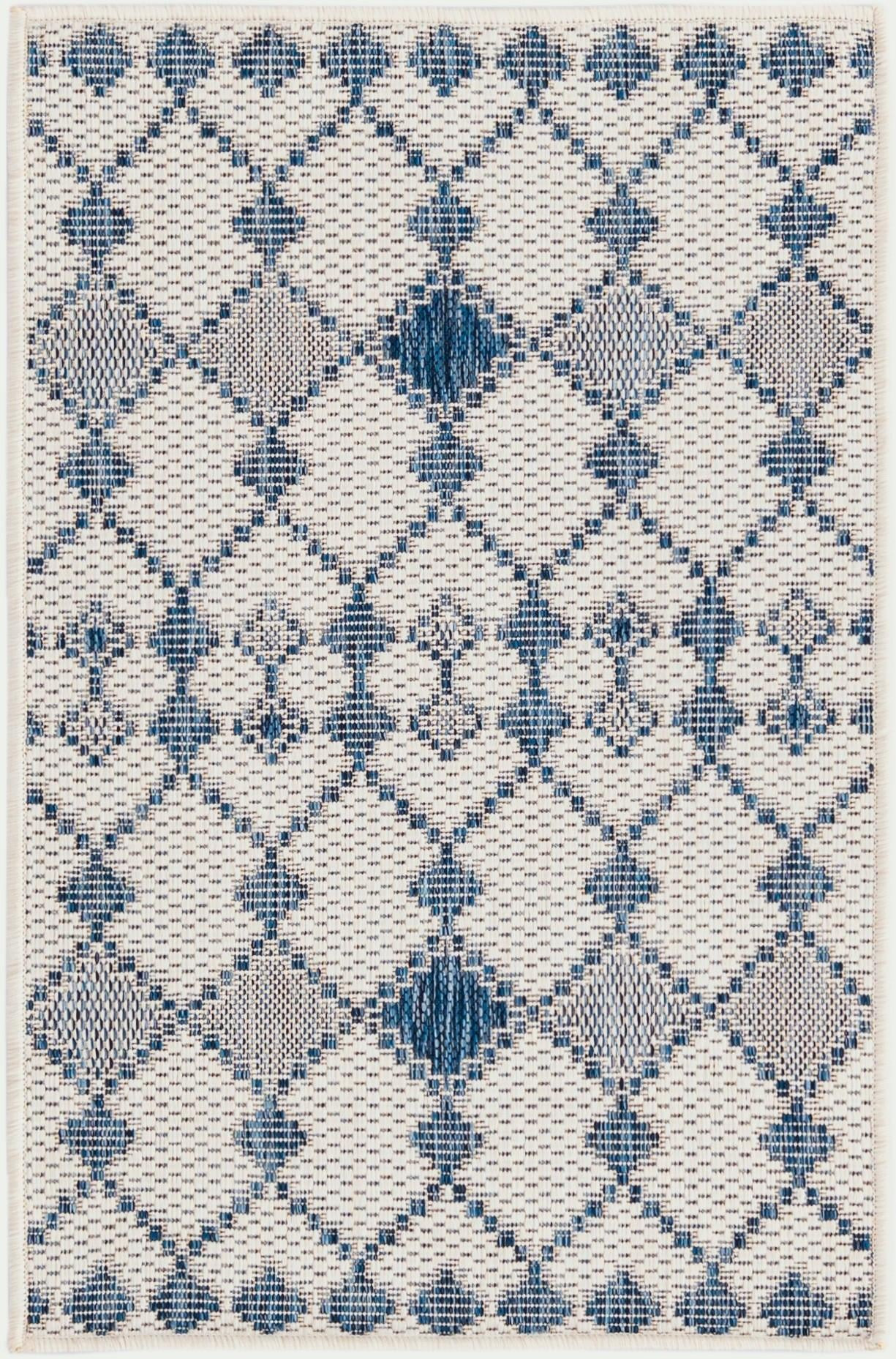 2' x 3' Ramsden · Geometric lattice Outdoor Rug, blue and ivory