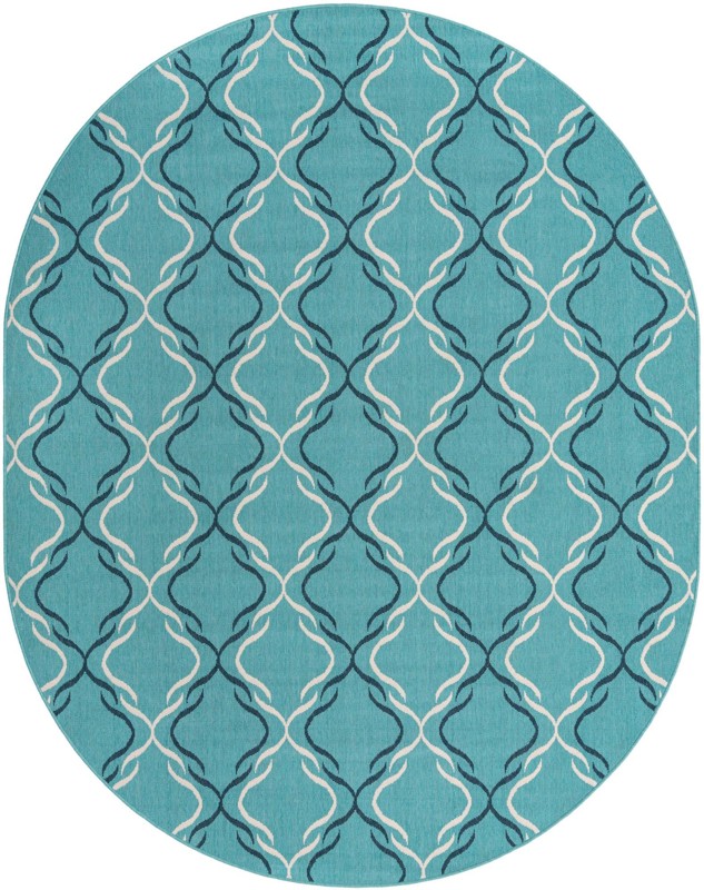 7' 10 x 10' Comstock · Geometric lattice Outdoor Rug, teal and ivory