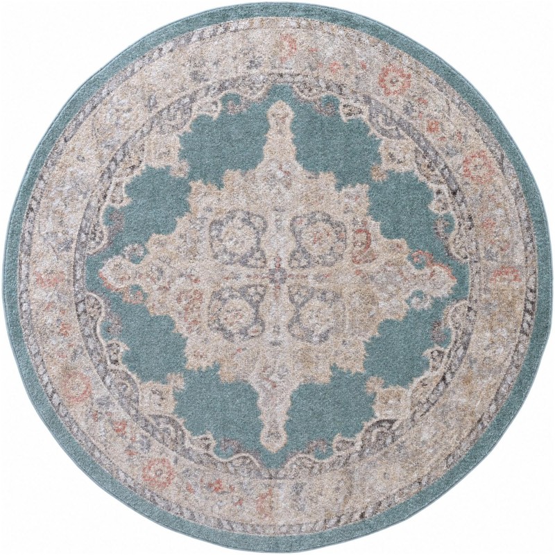 7' x 7' Selby · Medallion rug, aqua and ivory
