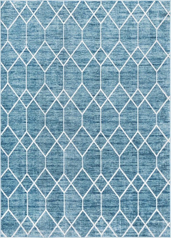 9' 10 x 14' Thatcher · Geometric trellis rug, blue and ivory