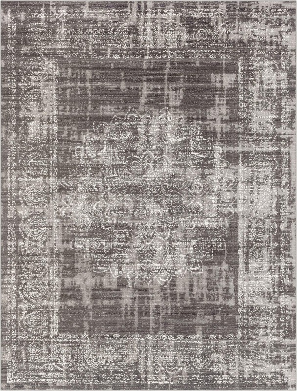 9' 10 x 13' 3 Leighton · Distressed medallion rug, gray and ivory