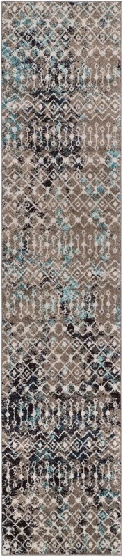 2' 7 x 12' Boswell · Geometric trellis rug, gray and teal