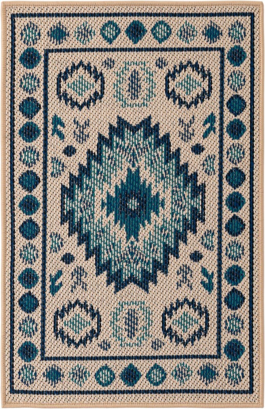 2' x 3' Whitfield · Geometric tribal Outdoor Rug, beige and blue