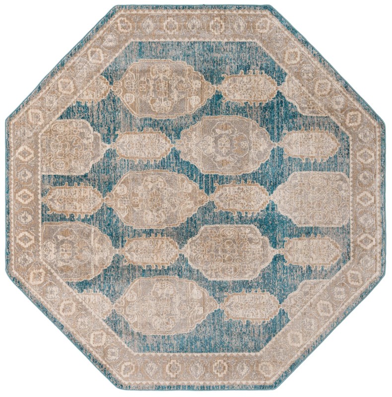 7' 10 x 7' 10 Pullman · Distressed medallion rug, blue and beige