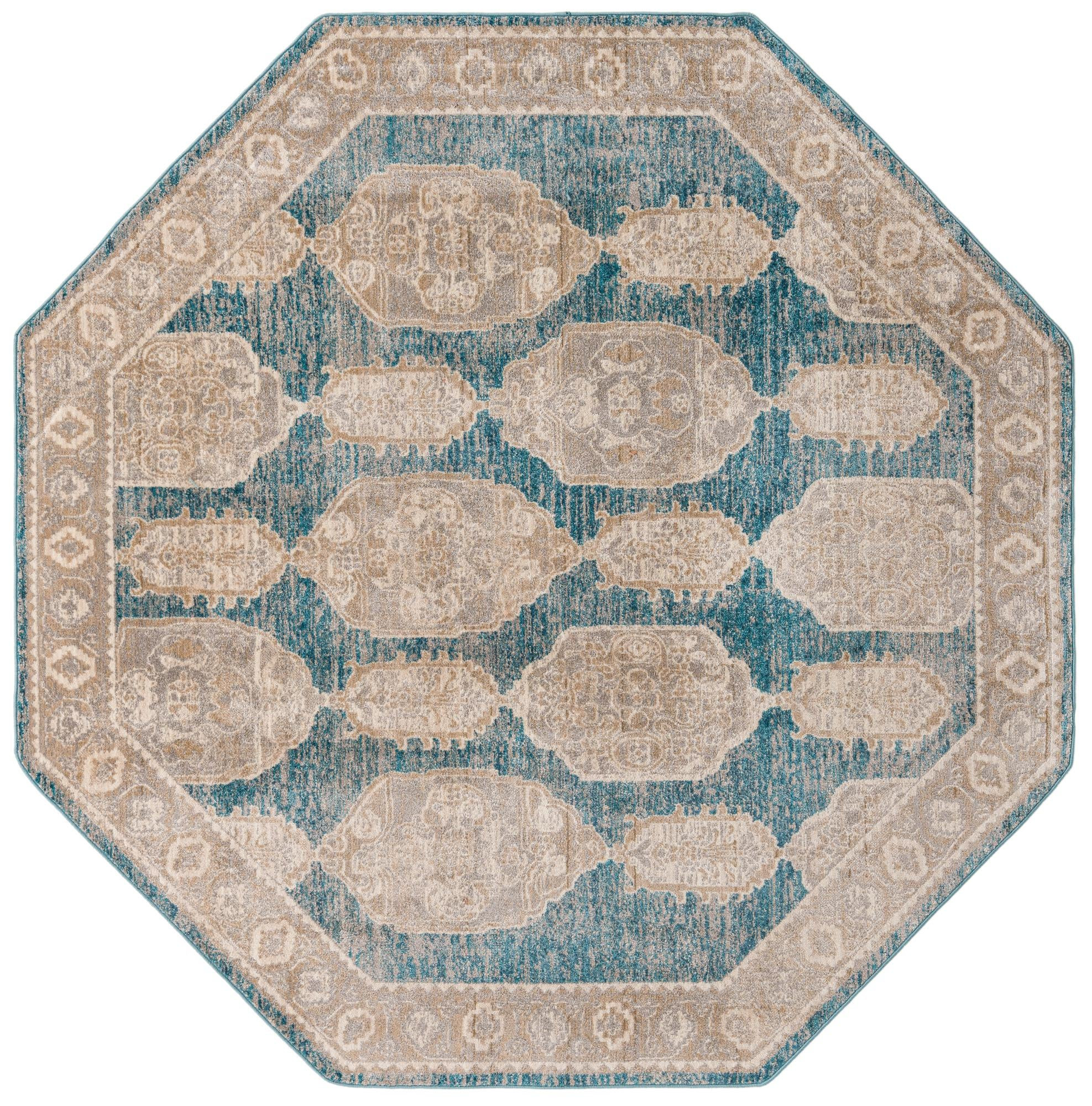 7' 10 x 7' 10 Pullman · Distressed medallion rug, blue and beige