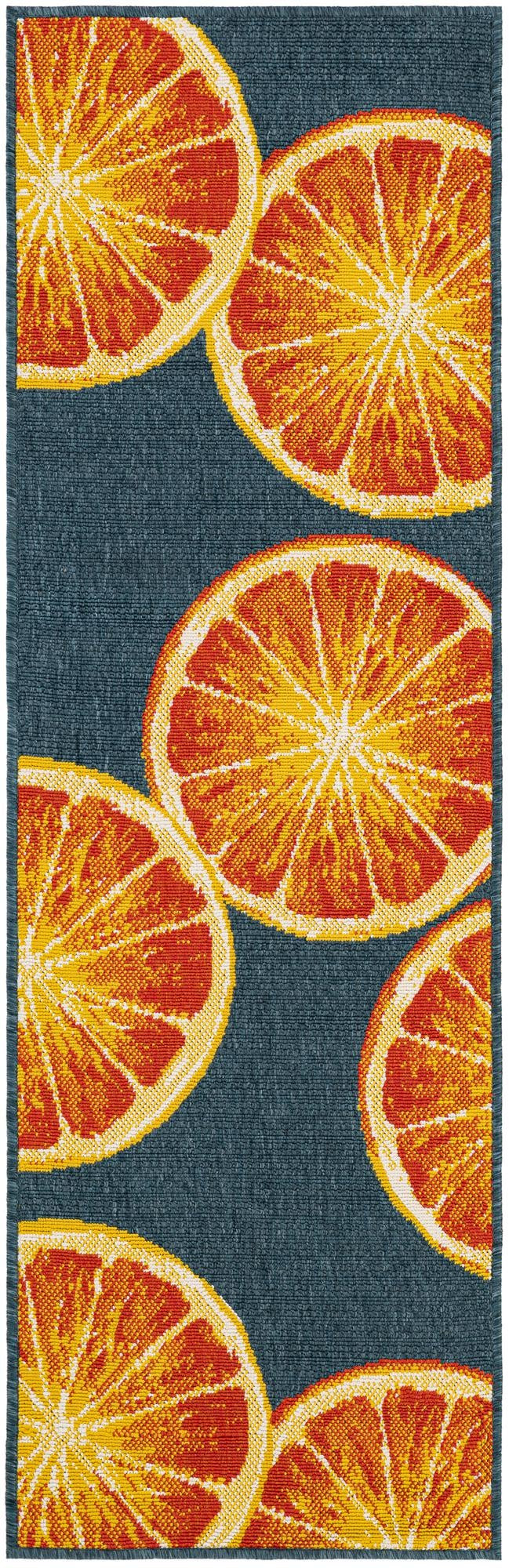 2' x 6' Hurley · Citrus slice Outdoor Rug, navy and orange
