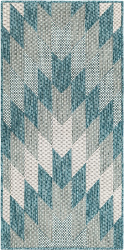 2' x 4' Morrell · Chevron Outdoor Rug, aqua and ivory