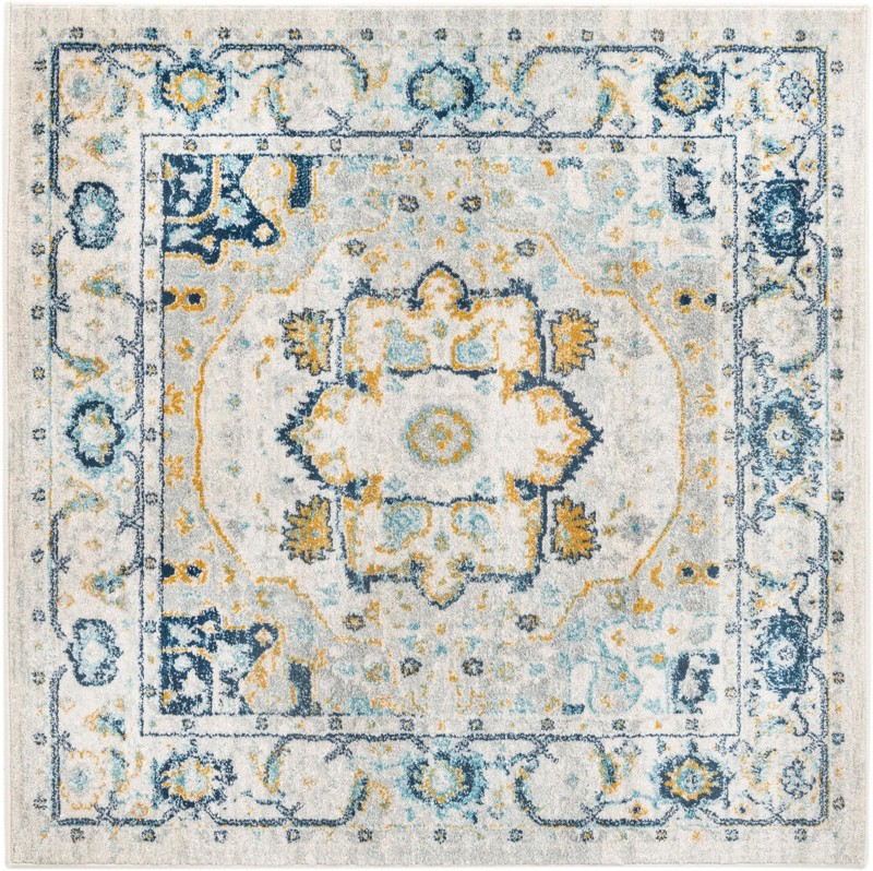 Pierce · Medallion rug, gray, blue and yellow